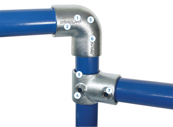 Interclamp galvanised tube clamp fitting, connected to blue powder coated handrail tube